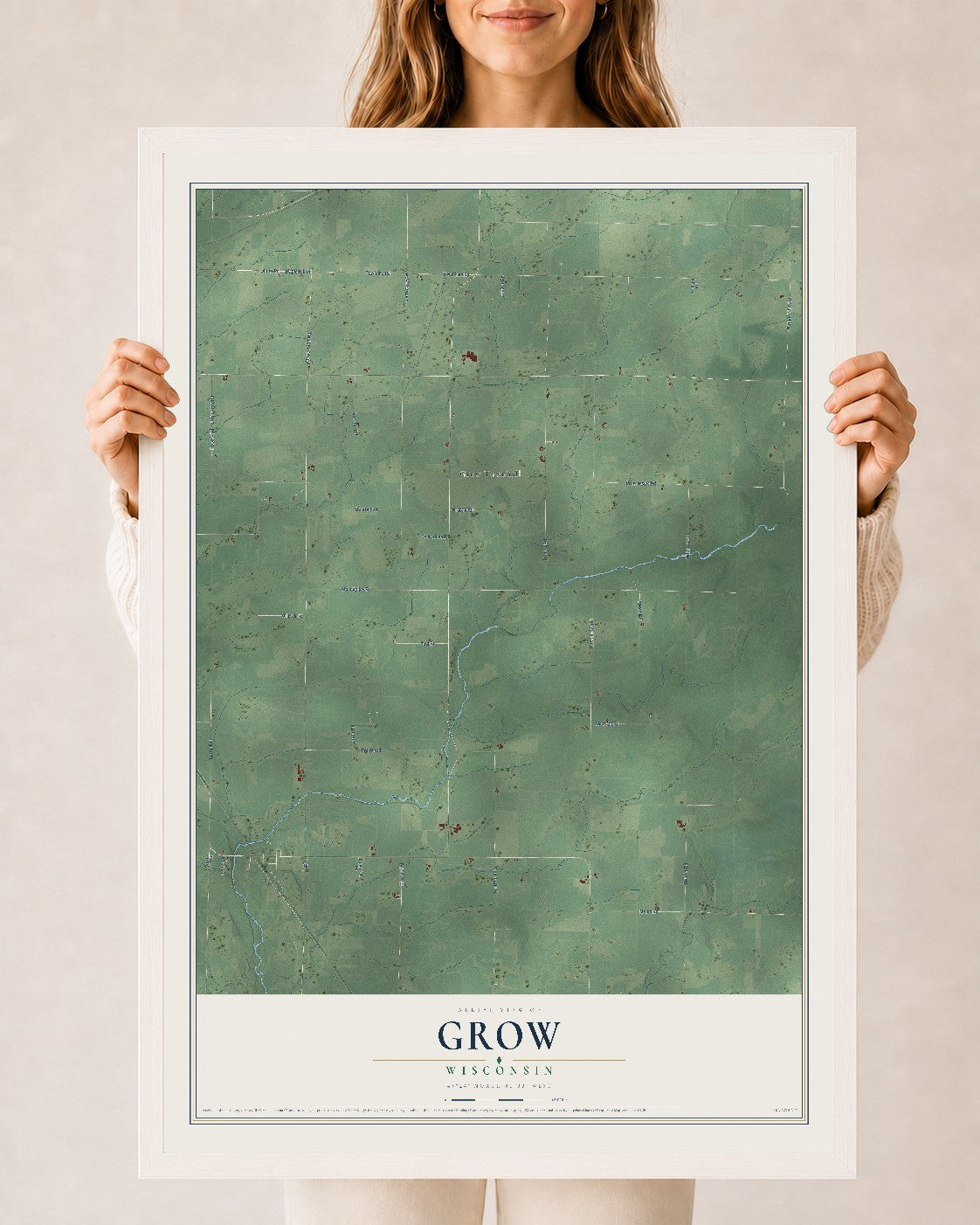 Map of Grow, Wisconsin, 24 x 36 inch print in a white wood frame