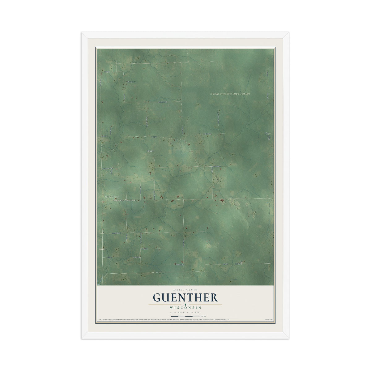 Map of Guenther, Wisconsin, 12 x 18 inch print in a white wood frame