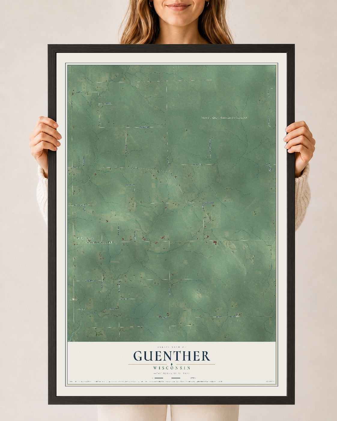 Map of Guenther, Wisconsin, 24 x 36 inch print in a black wood frame