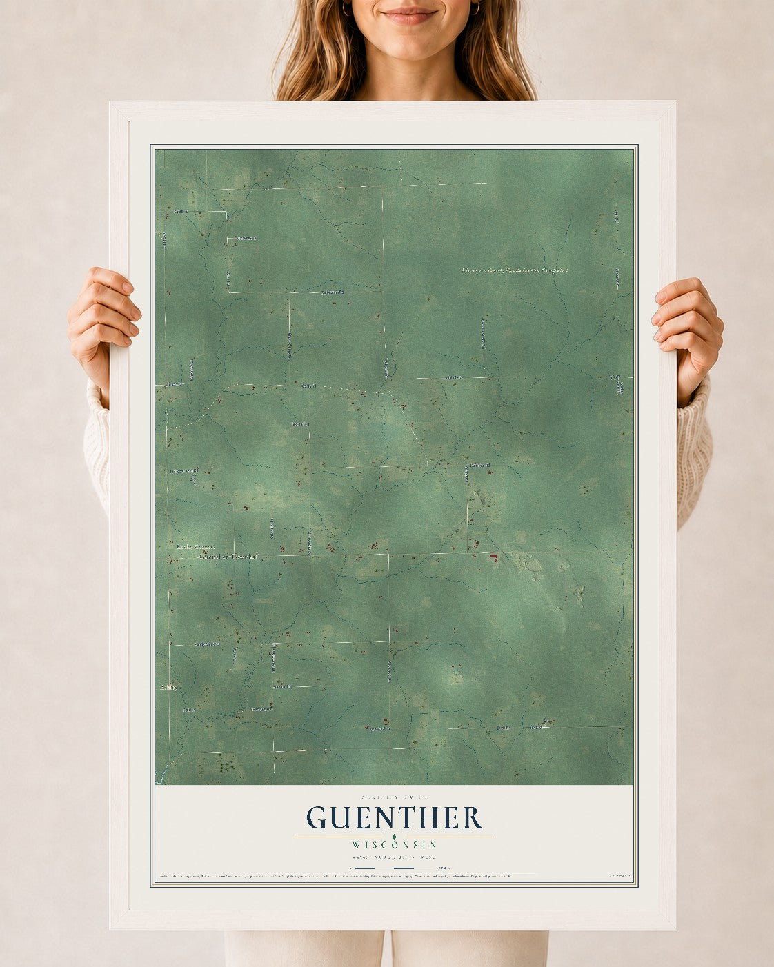 Map of Guenther, Wisconsin, 24 x 36 inch print in a white wood frame