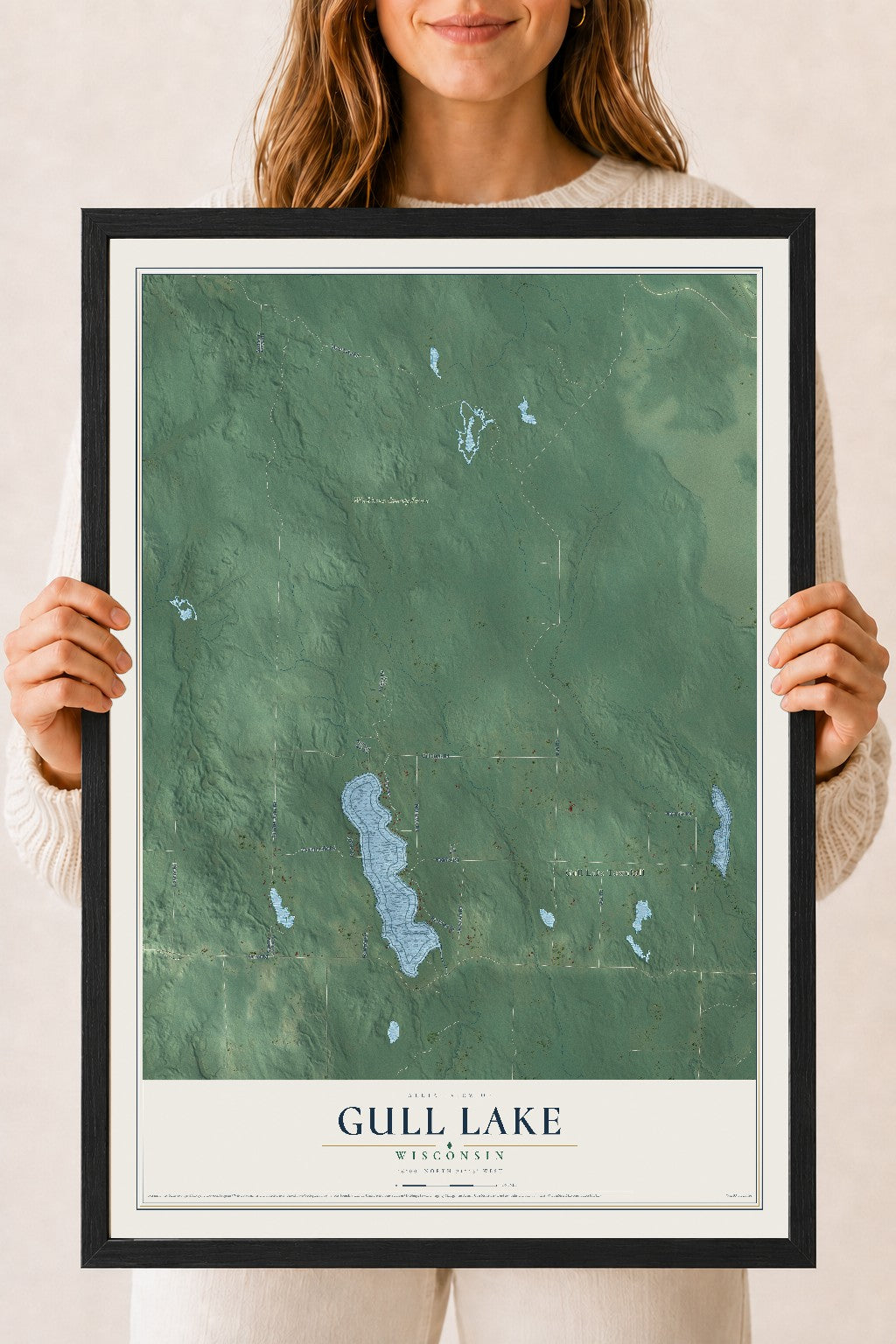 Map of Gull Lake, Wisconsin, 18 x 24 inch print in a black wood frame
