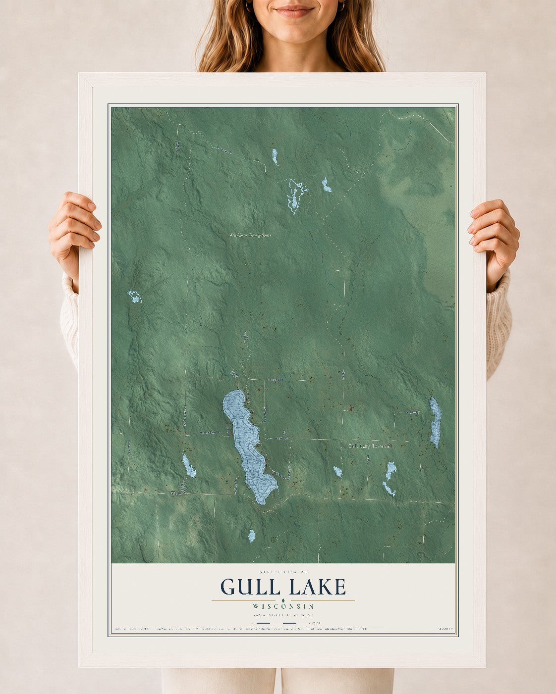 Map of Gull Lake, Wisconsin, 24 x 36 inch print in a white wood frame