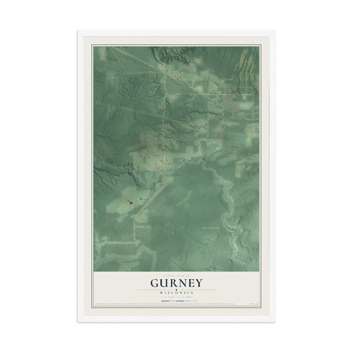 Map of Gurney, Wisconsin, 12 x 18 inch print in a white wood frame