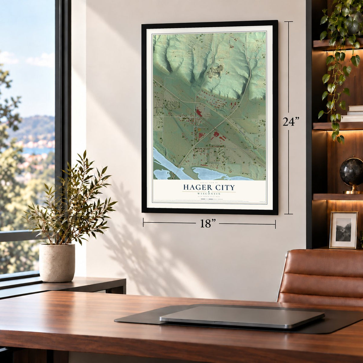 Hager City, Wisconsin map, 18 x 24 inch print in a black frame in a home office