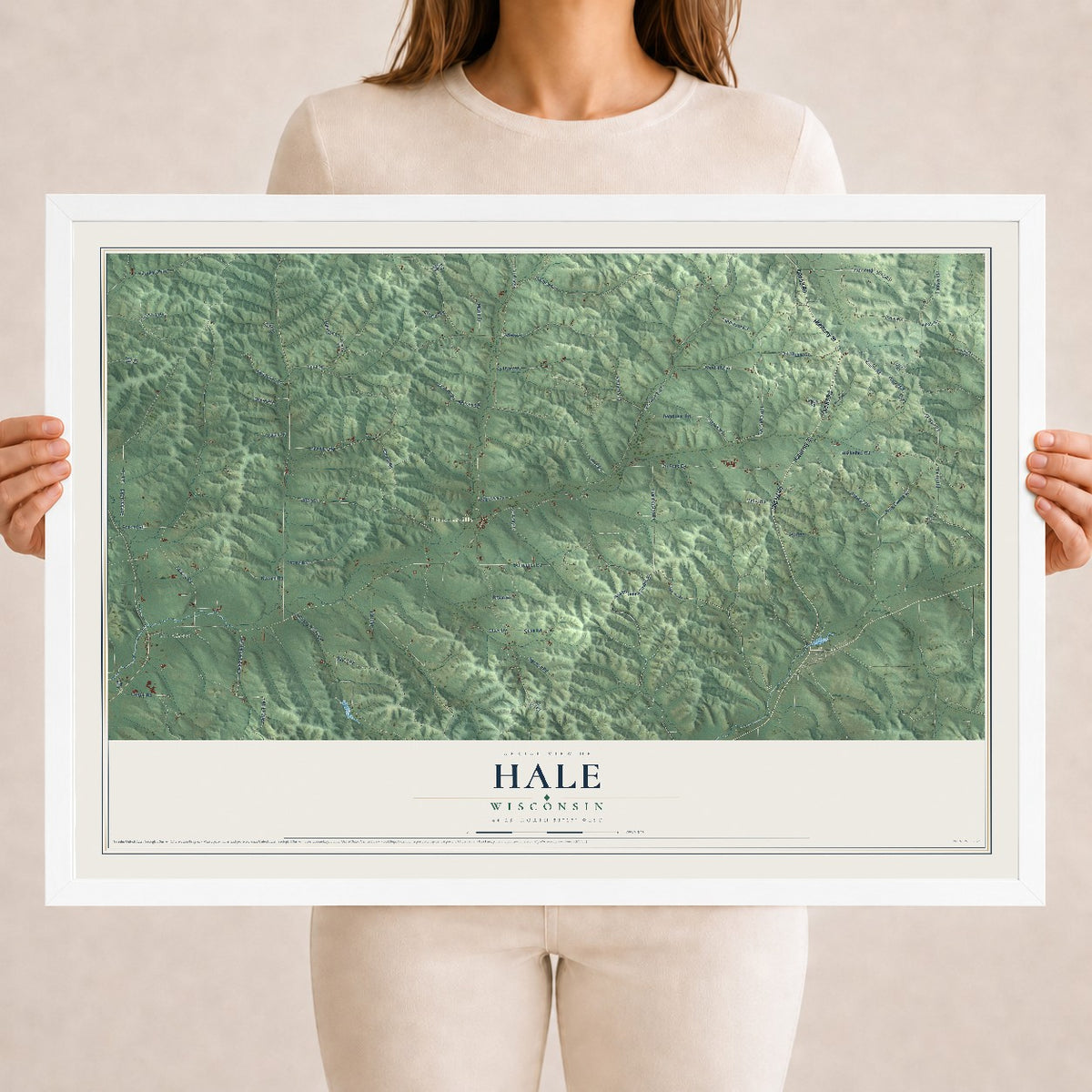 Map of Hale, Wisconsin, 18 x 24 inch print in a white wood frame