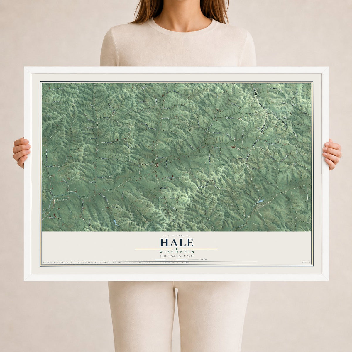 Map of Hale, Wisconsin, 24 x 36 inch print in a white wood frame