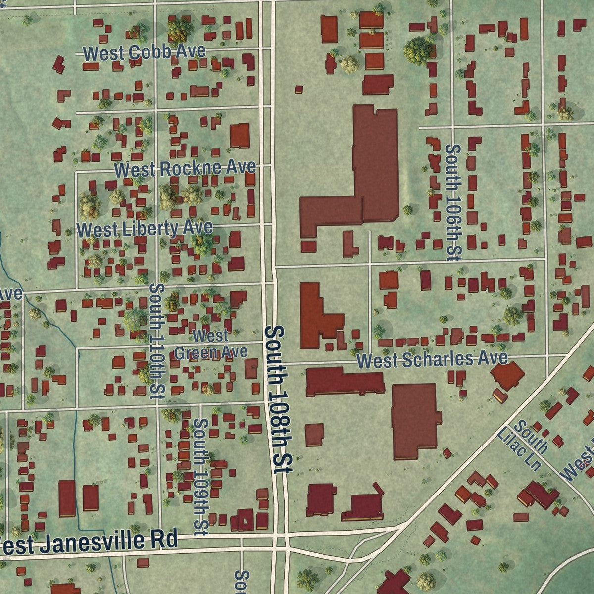 Close-up of the map of Hales Corners, Wisconsin print showing street and building detail