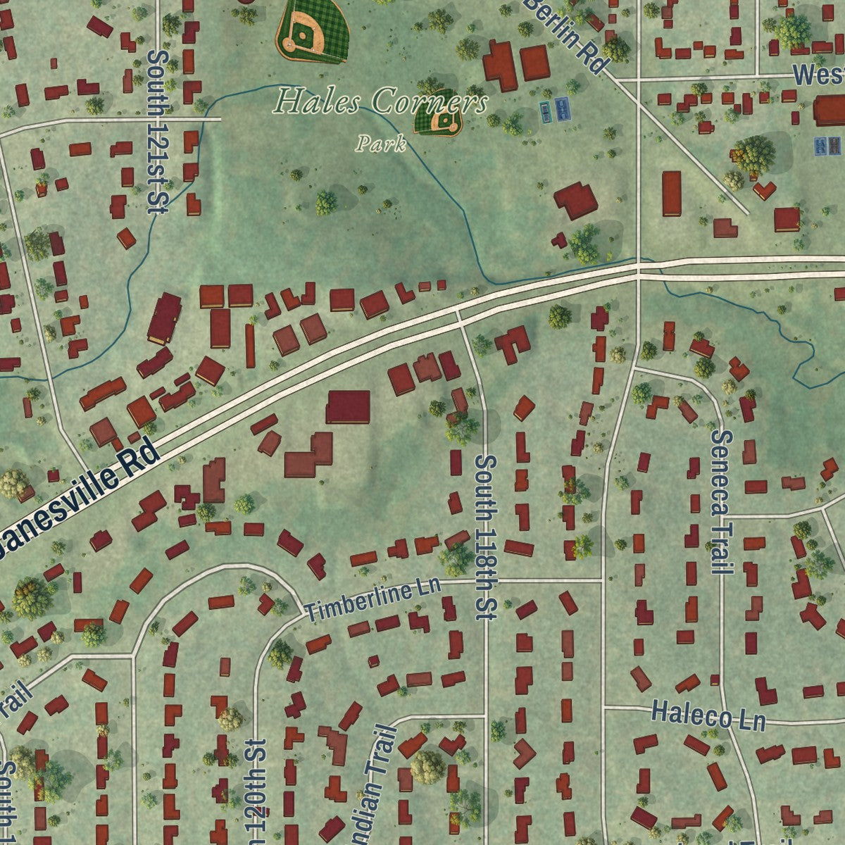 Second close-up of the map of Hales Corners, Wisconsin print showing more streets and buildings