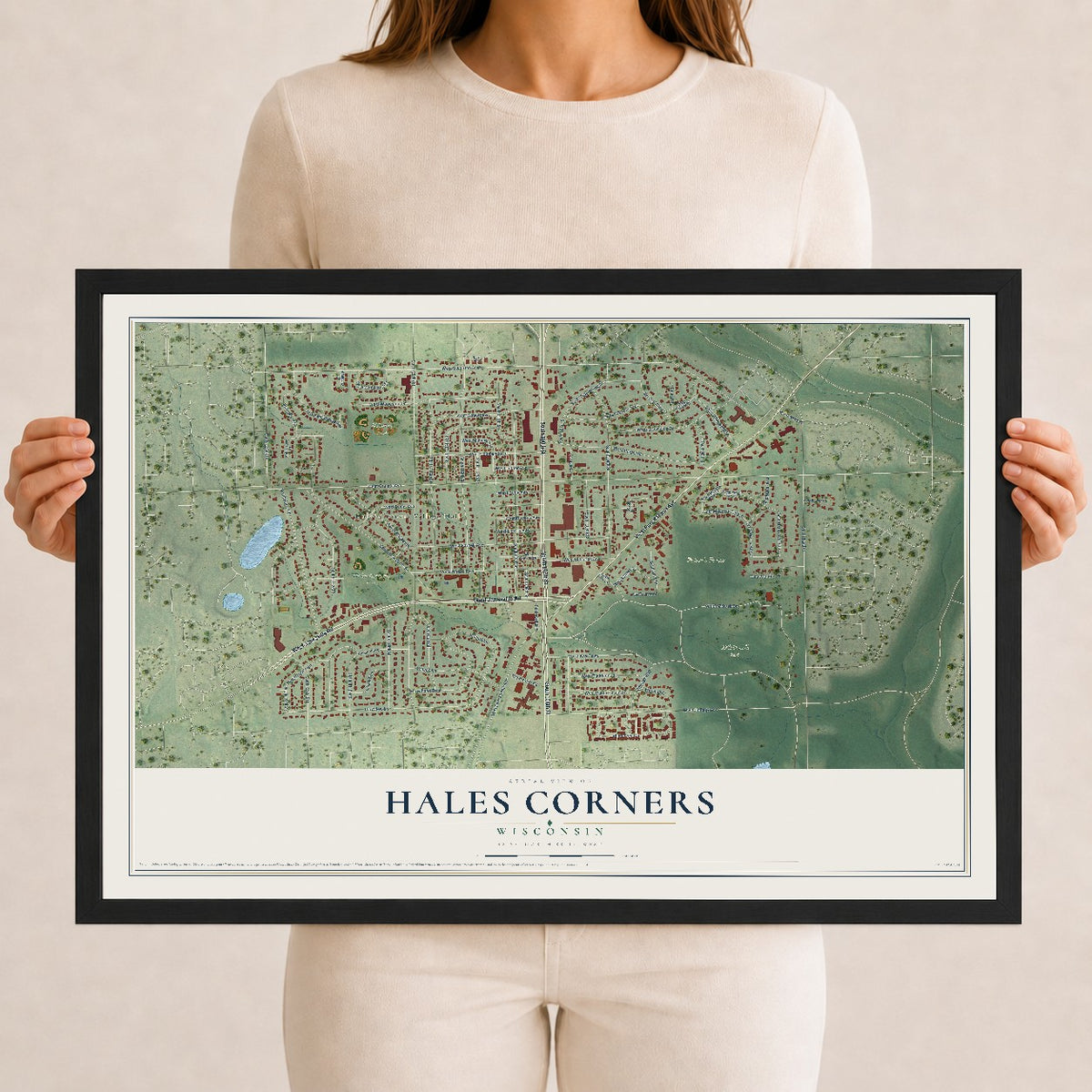 Map of Hales Corners, Wisconsin, 12 x 18 inch print in a black wood frame