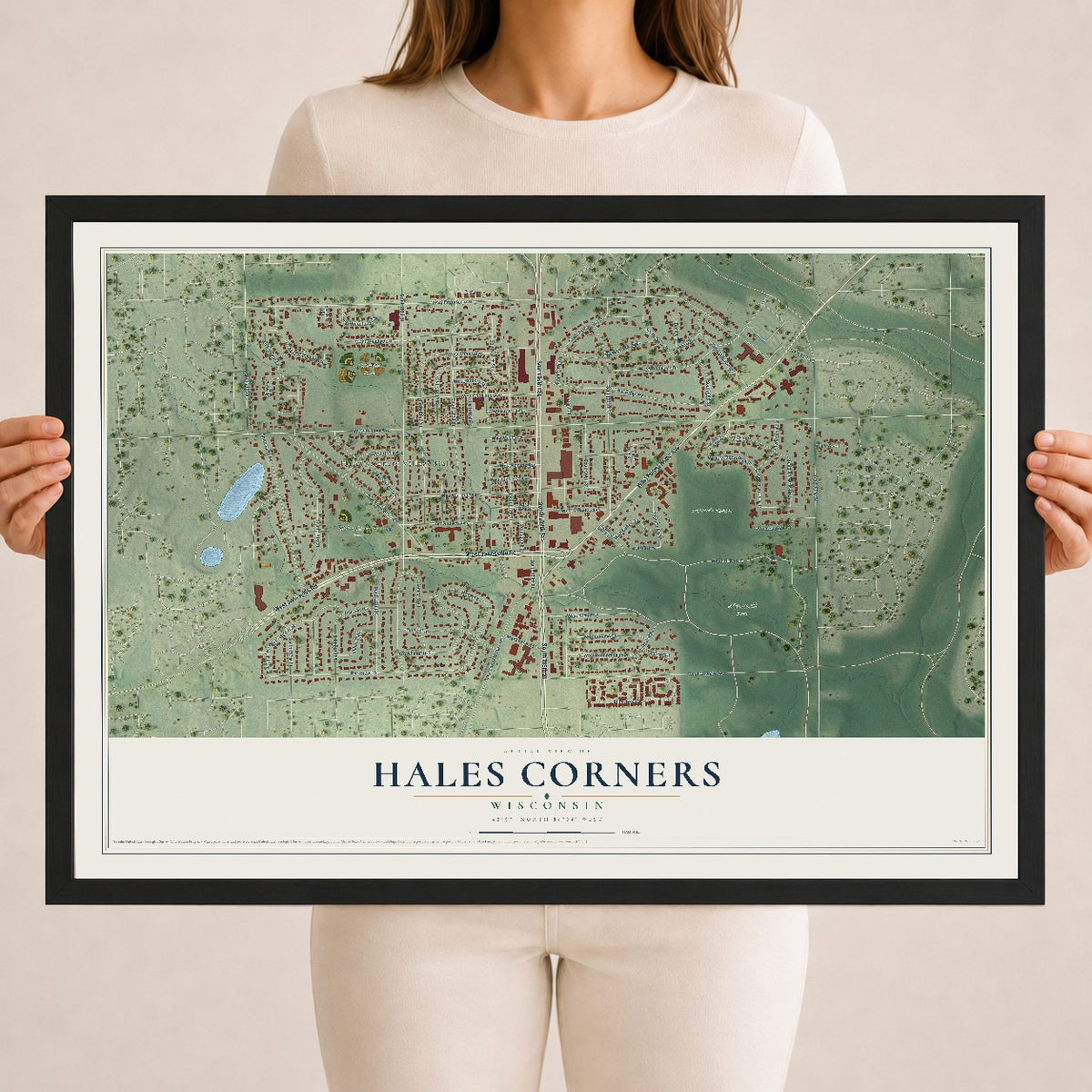 Map of Hales Corners, Wisconsin, 18 x 24 inch print in a black wood frame