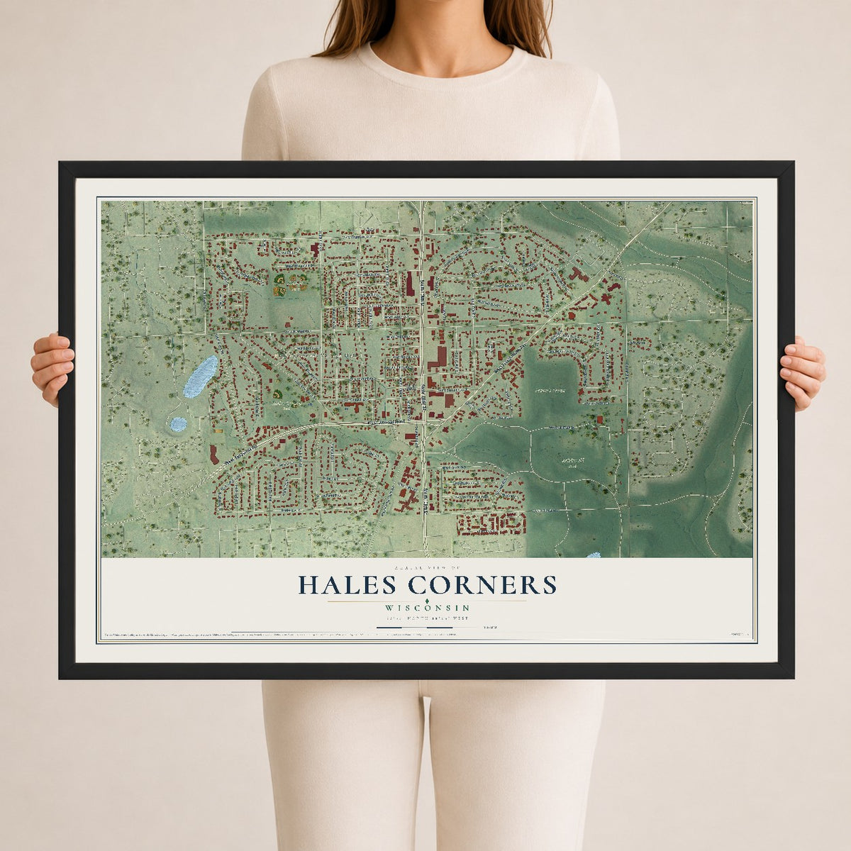 Map of Hales Corners, Wisconsin, 24 x 36 inch print in a black wood frame