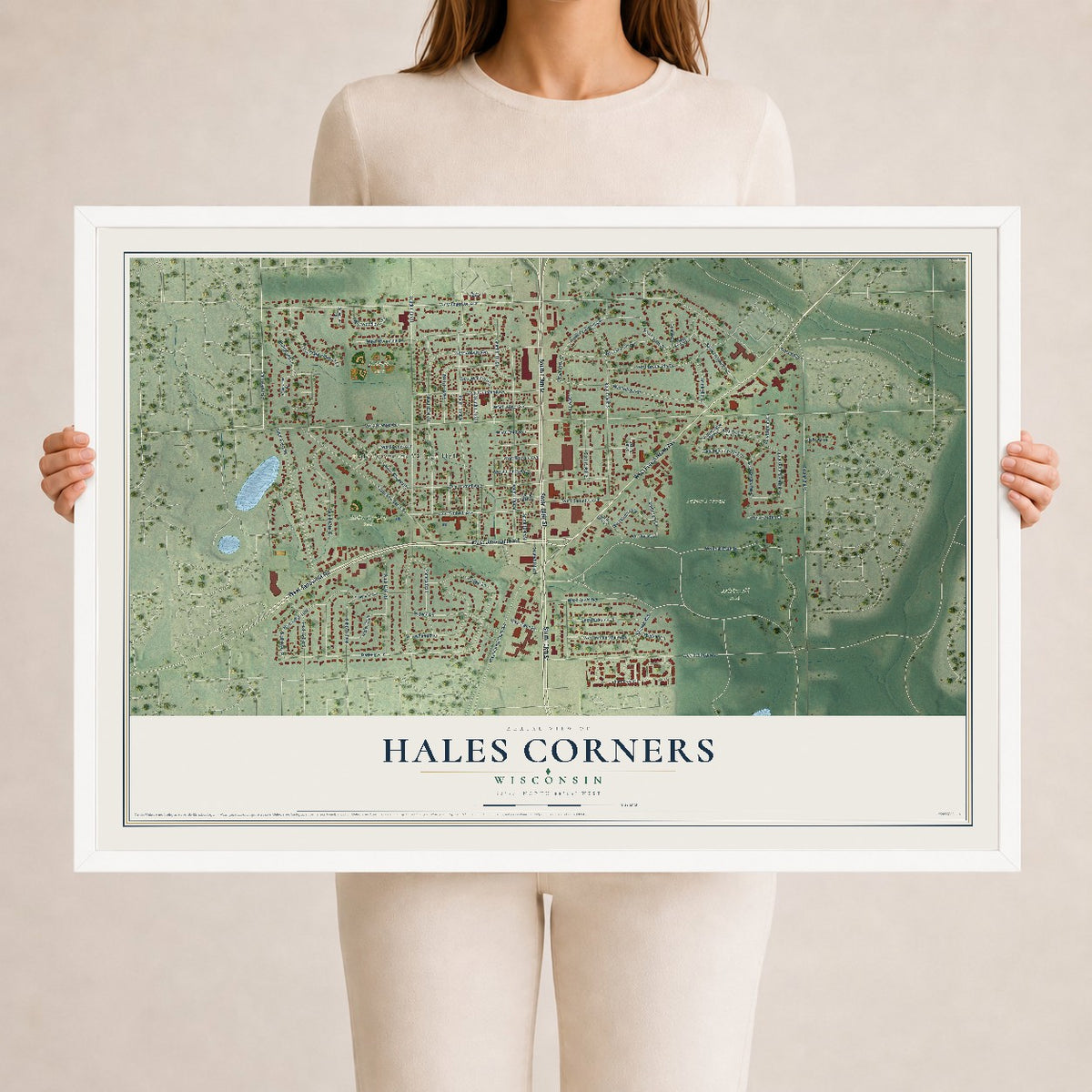 Map of Hales Corners, Wisconsin, 24 x 36 inch print in a white wood frame