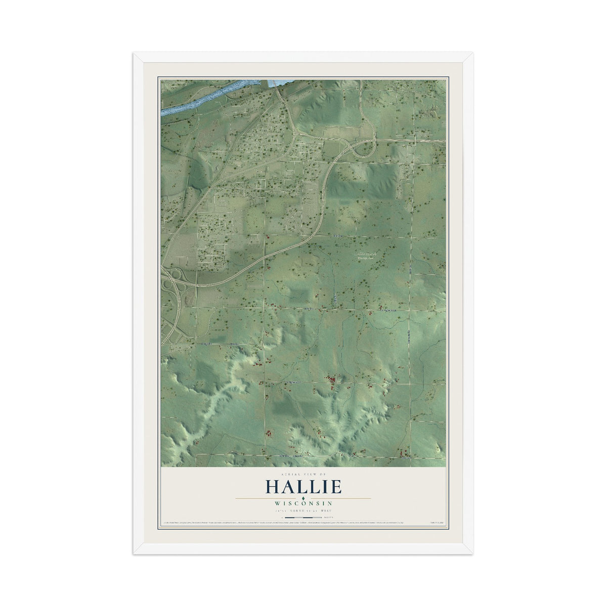 Map of Hallie, Wisconsin, 12 x 18 inch print in a white wood frame