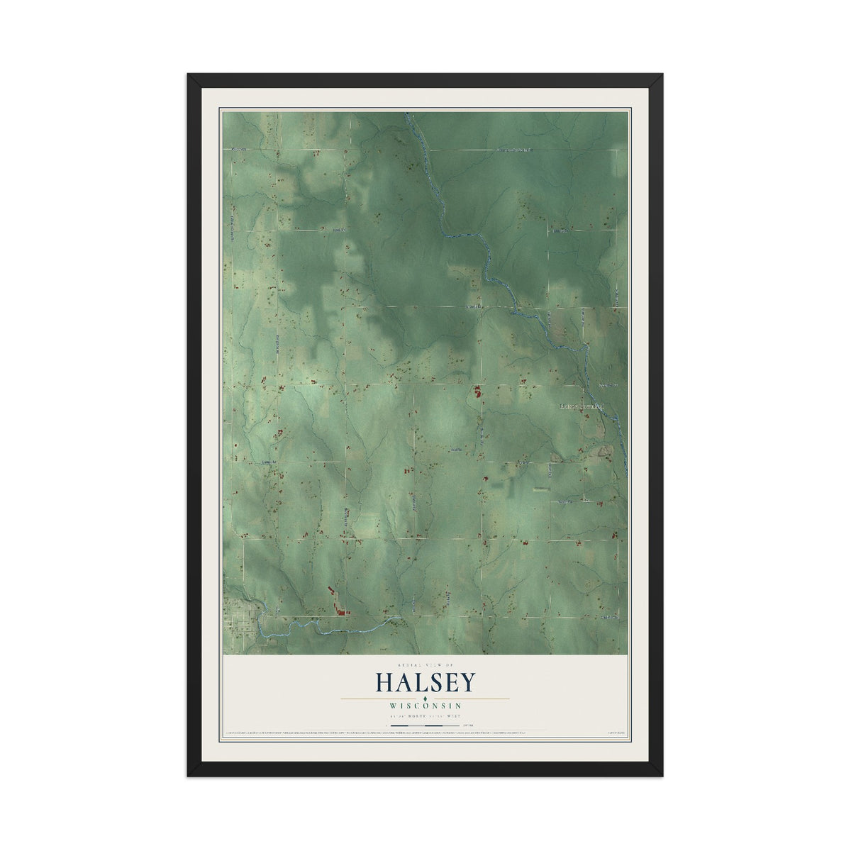Map of Halsey, Wisconsin, 12 x 18 inch print in a black wood frame