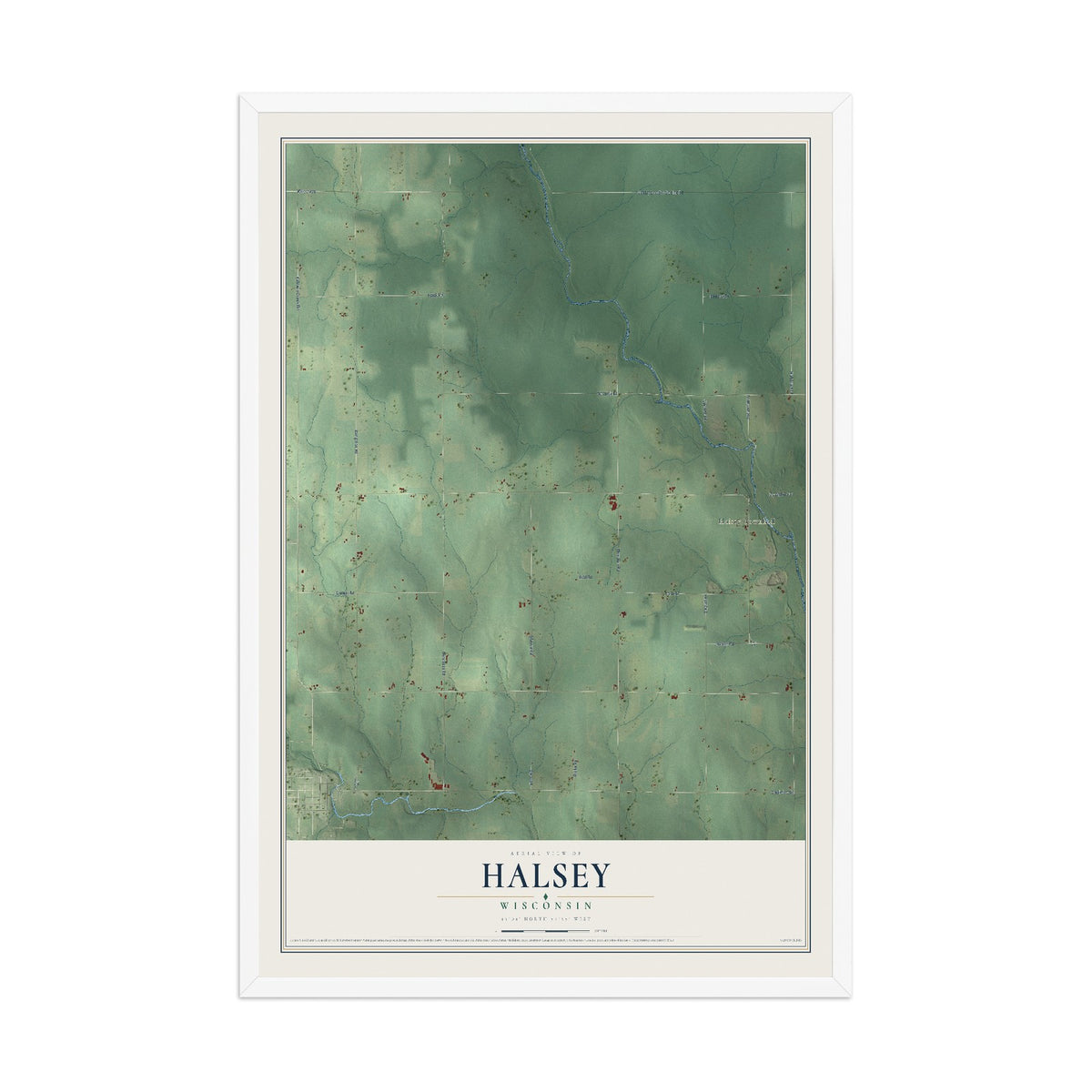 Map of Halsey, Wisconsin, 12 x 18 inch print in a white wood frame