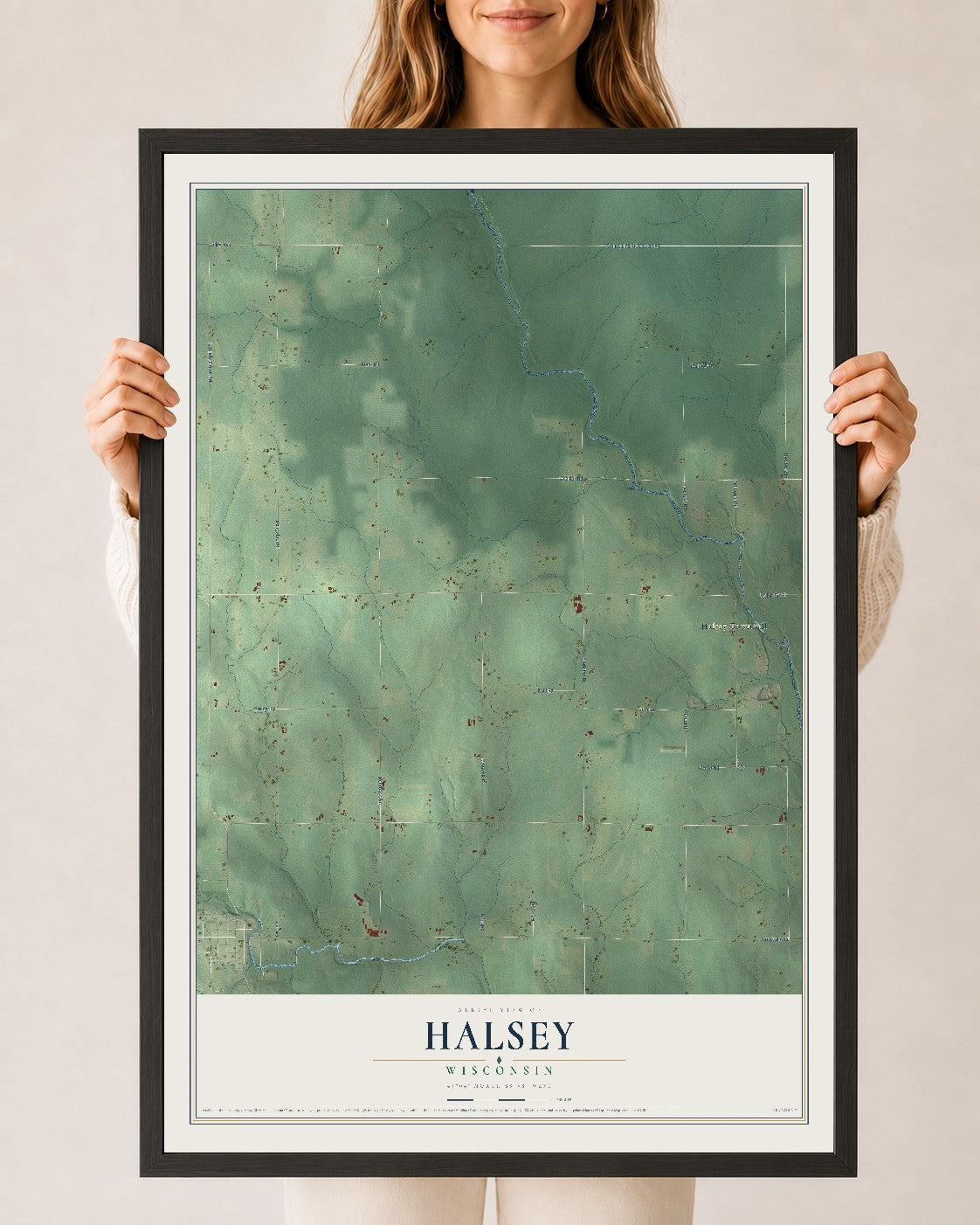 Map of Halsey, Wisconsin, 24 x 36 inch print in a black wood frame