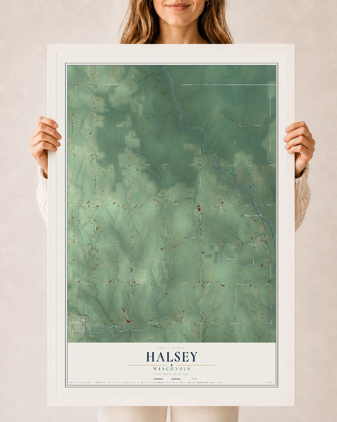 Map of Halsey, Wisconsin, 24 x 36 inch print in a white wood frame