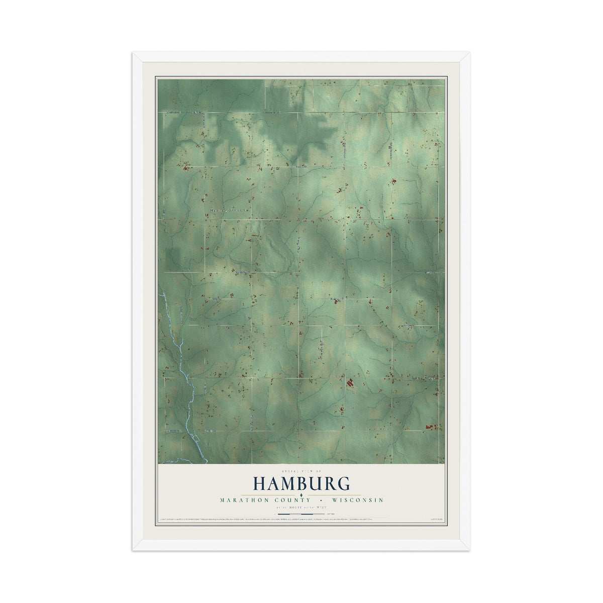 Map of Hamburg, Marathon County, Wisconsin, 12 x 18 inch print in a white wood frame