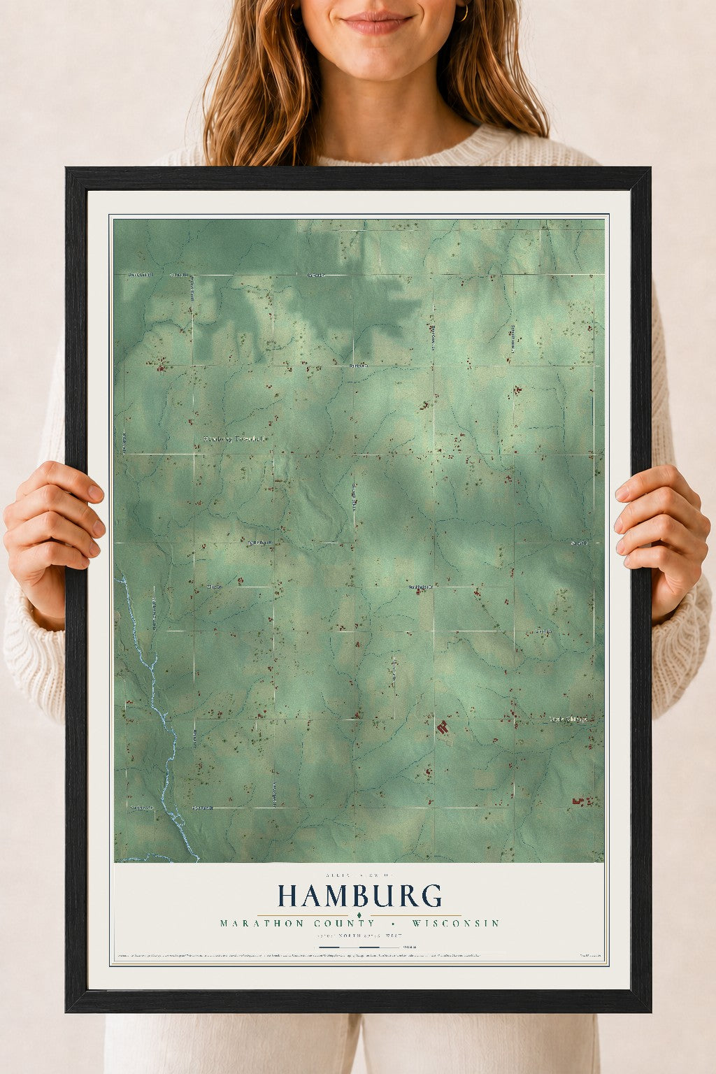 Map of Hamburg, Marathon County, Wisconsin, 18 x 24 inch print in a black wood frame
