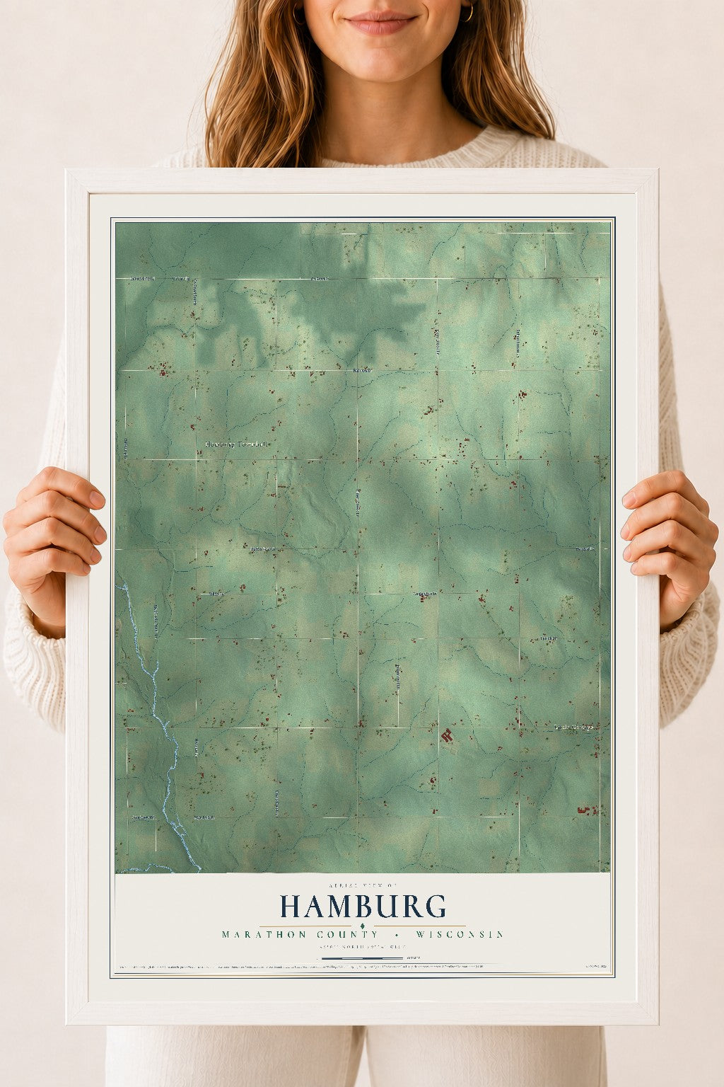 Map of Hamburg, Marathon County, Wisconsin, 18 x 24 inch print in a white wood frame