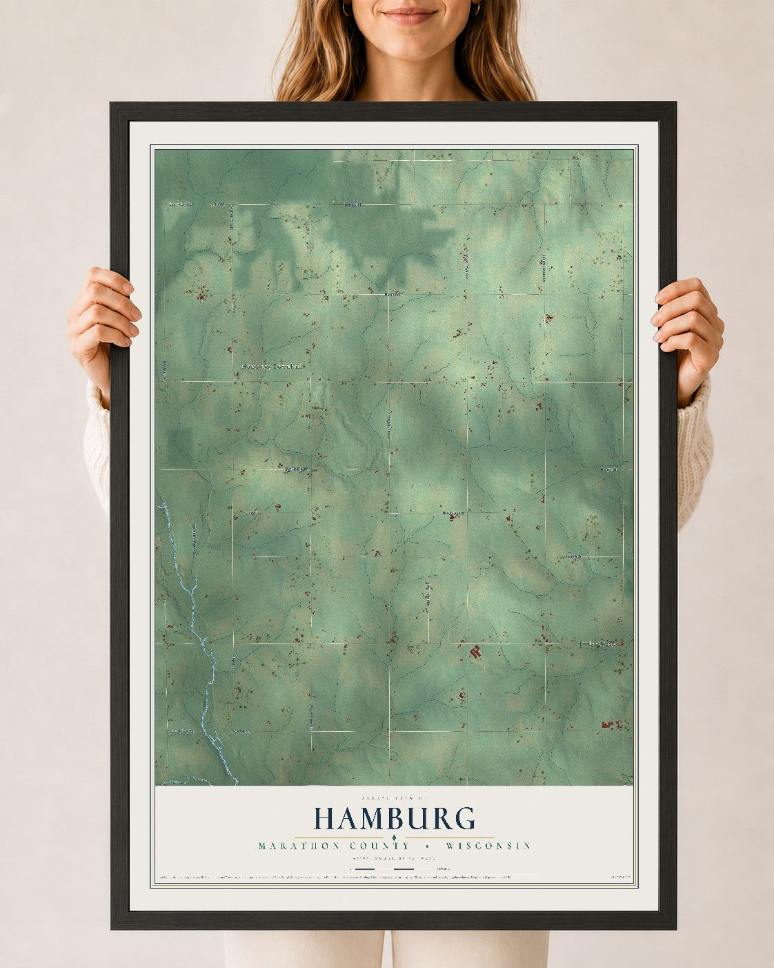 Map of Hamburg, Marathon County, Wisconsin, 24 x 36 inch print in a black wood frame