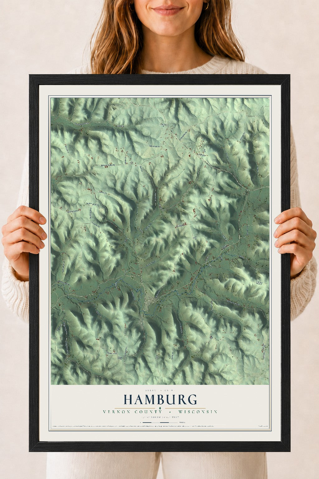 Map of Hamburg, Vernon County, Wisconsin, 18 x 24 inch print in a black wood frame