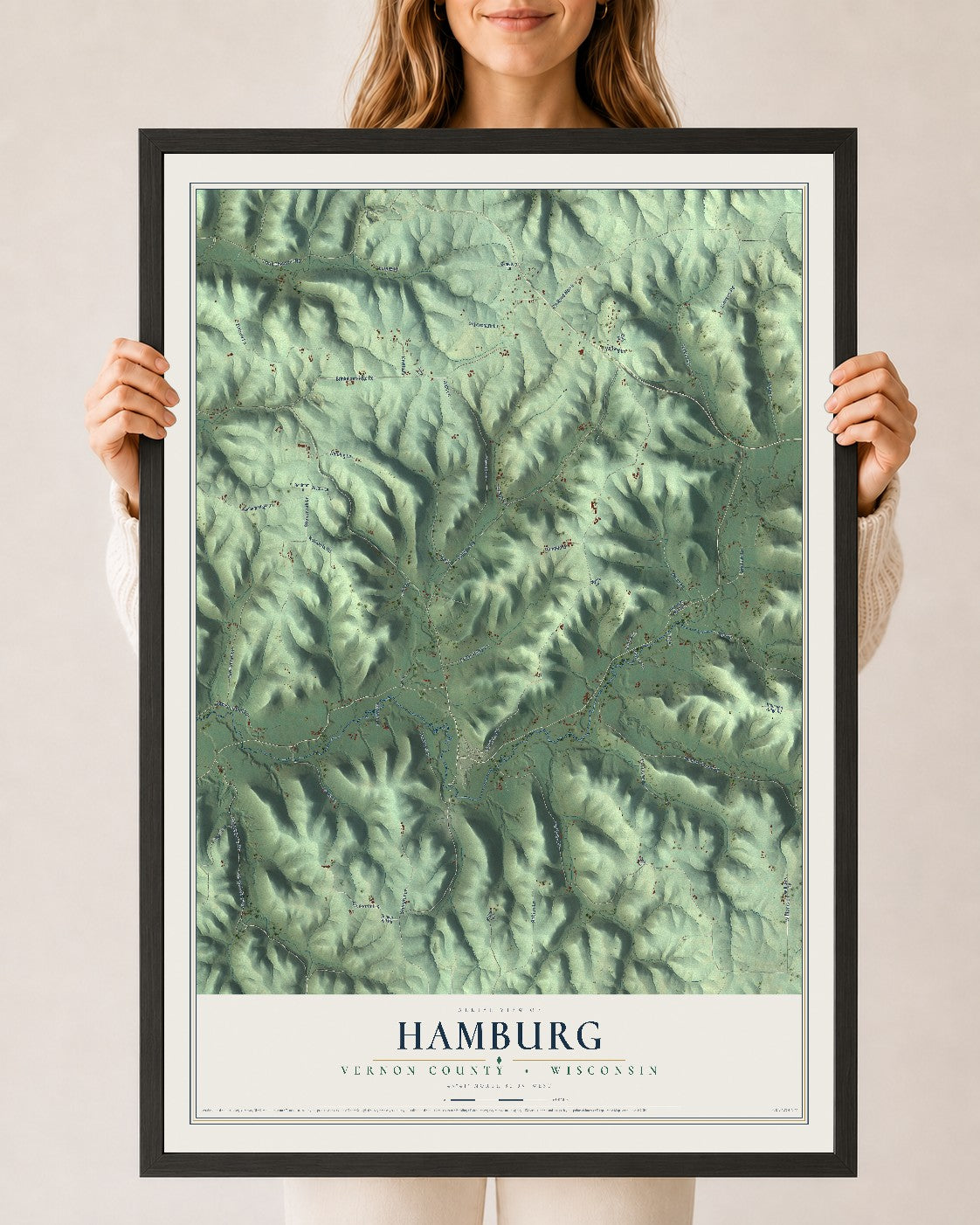 Map of Hamburg, Vernon County, Wisconsin, 24 x 36 inch print in a black wood frame