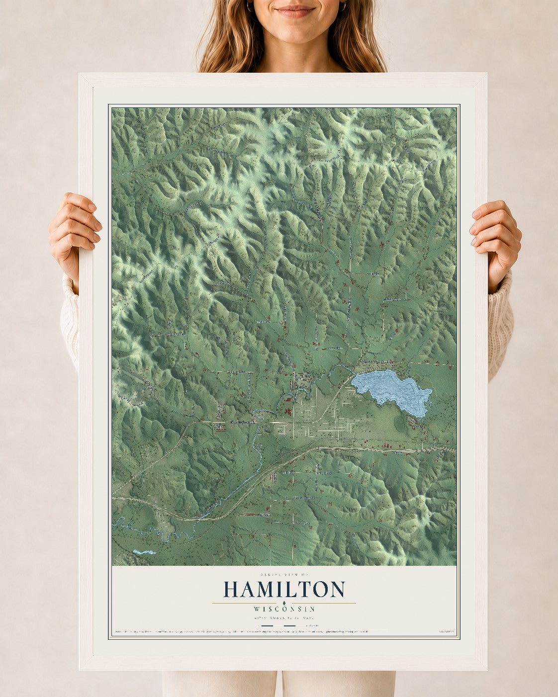 Map of Hamilton, Wisconsin, 24 x 36 inch print in a white wood frame