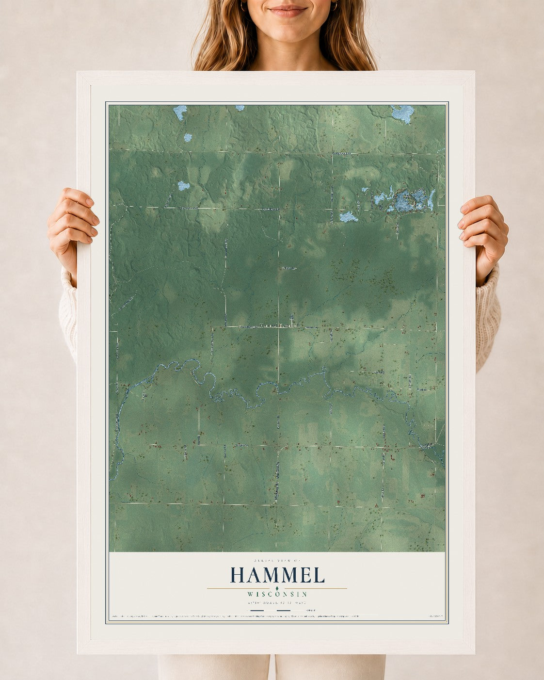 Map of Hammel, Wisconsin, 24 x 36 inch print in a white wood frame