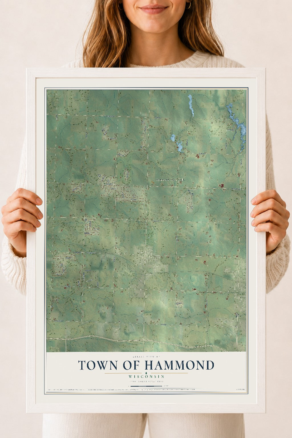 Map of the Town of Hammond, Wisconsin, 18 x 24 inch print in a white wood frame