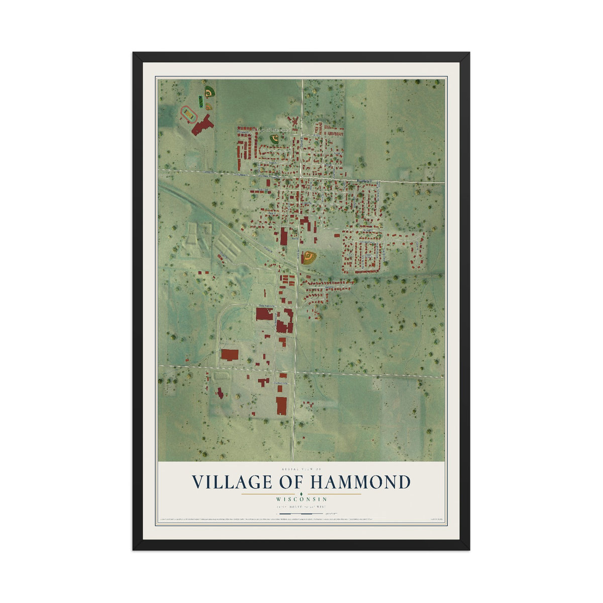 Map of Hammond, Wisconsin, 12 x 18 inch print in a black wood frame