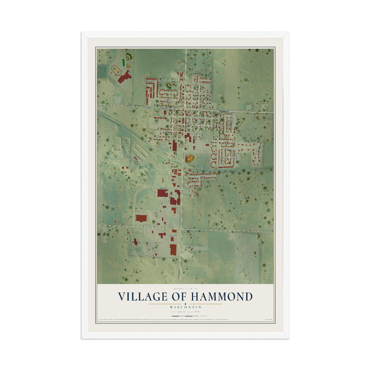 Map of Hammond, Wisconsin, 12 x 18 inch print in a white wood frame