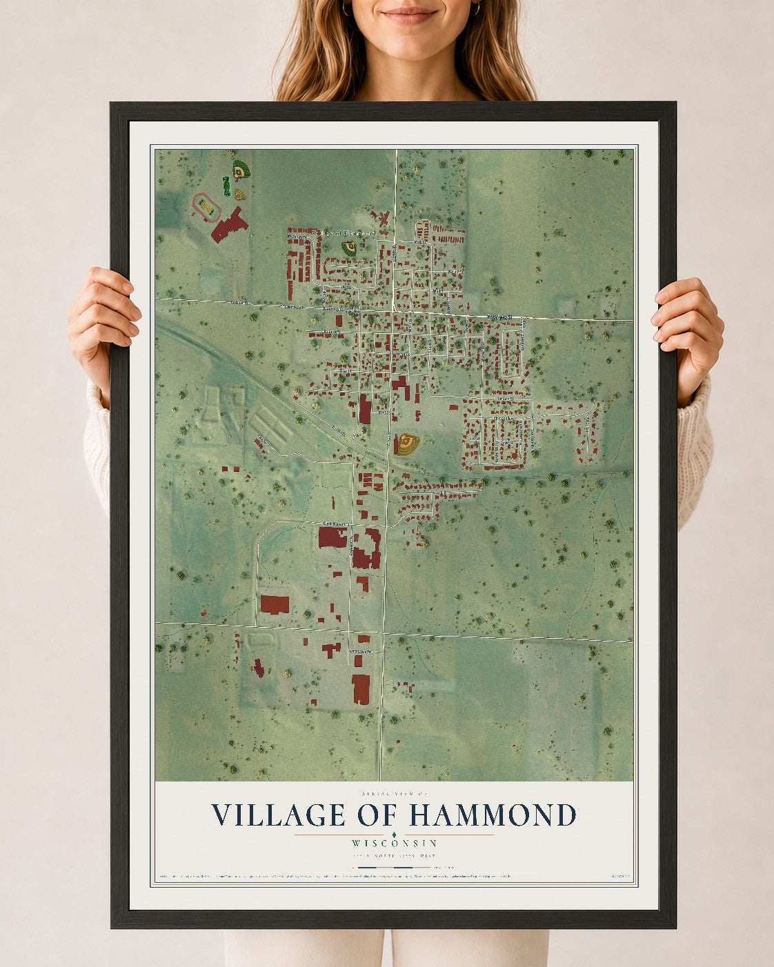 Map of Hammond, Wisconsin, 24 x 36 inch print in a black wood frame
