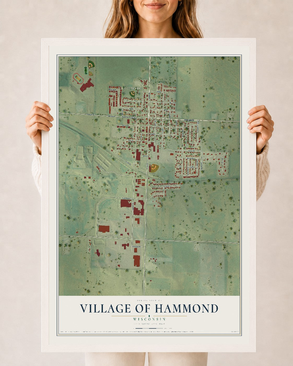 Map of Hammond, Wisconsin, 24 x 36 inch print in a white wood frame