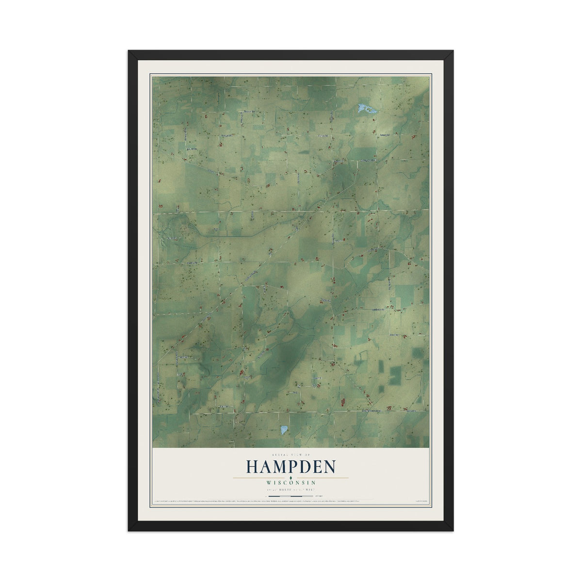 Map of Hampden, Wisconsin, 12 x 18 inch print in a black wood frame