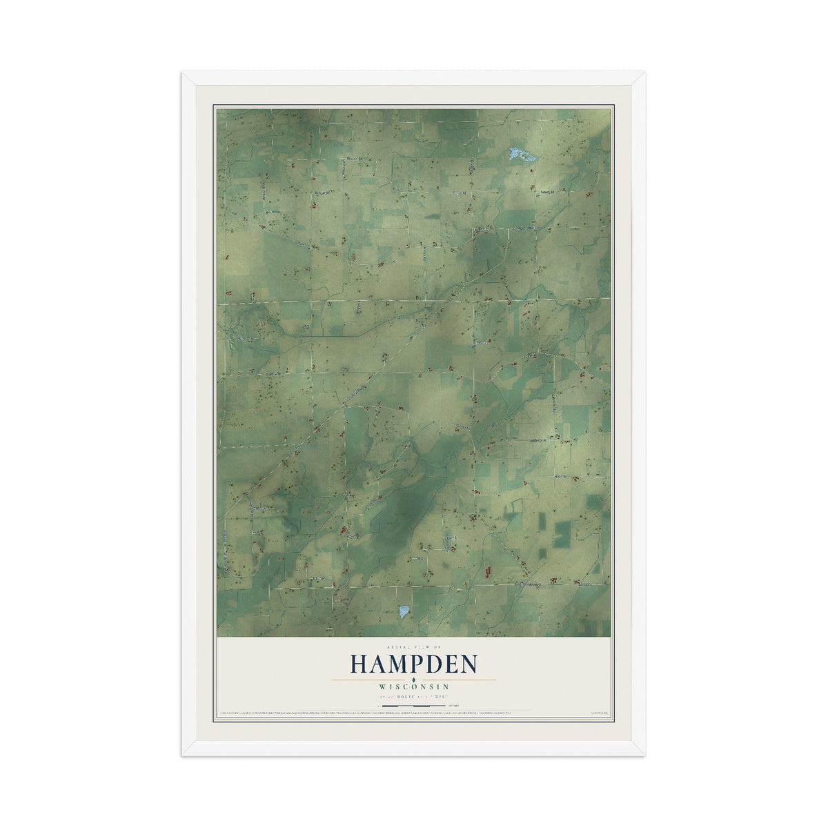 Map of Hampden, Wisconsin, 12 x 18 inch print in a white wood frame