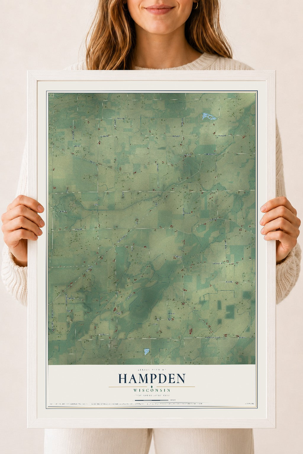 Map of Hampden, Wisconsin, 18 x 24 inch print in a white wood frame