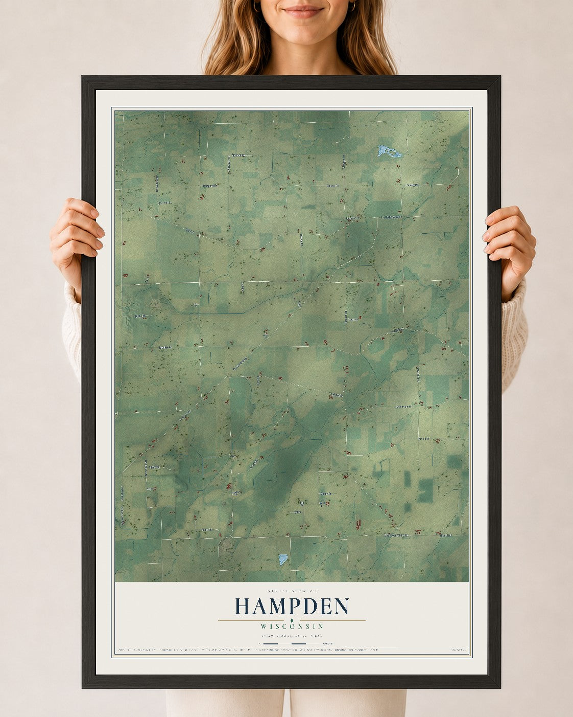 Map of Hampden, Wisconsin, 24 x 36 inch print in a black wood frame