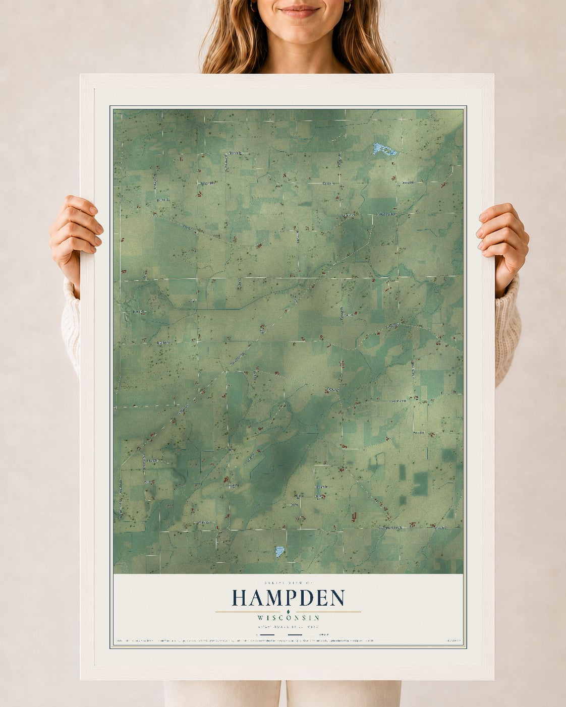 Map of Hampden, Wisconsin, 24 x 36 inch print in a white wood frame