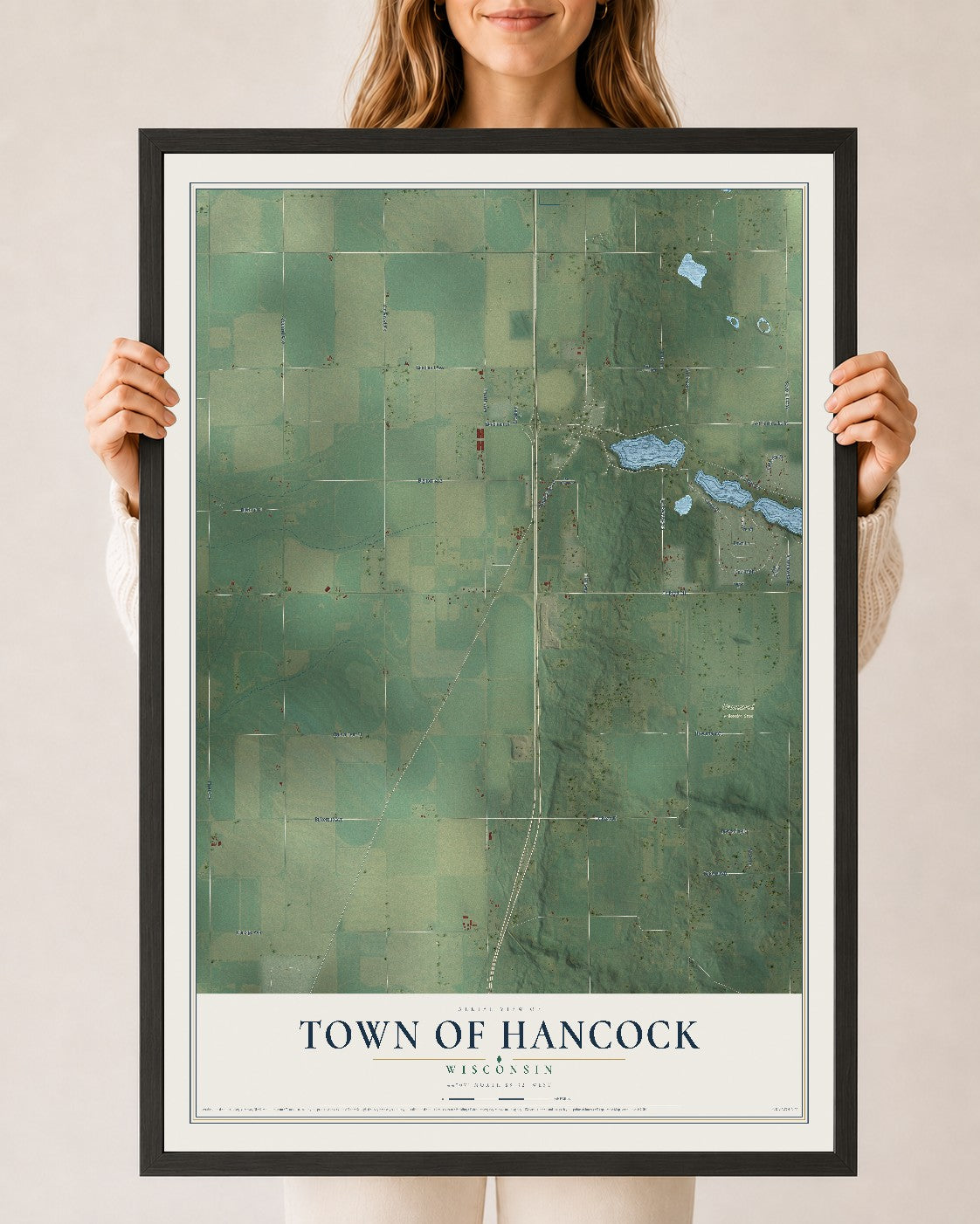Map of the Town of Hancock, Wisconsin, 24 x 36 inch print in a black wood frame