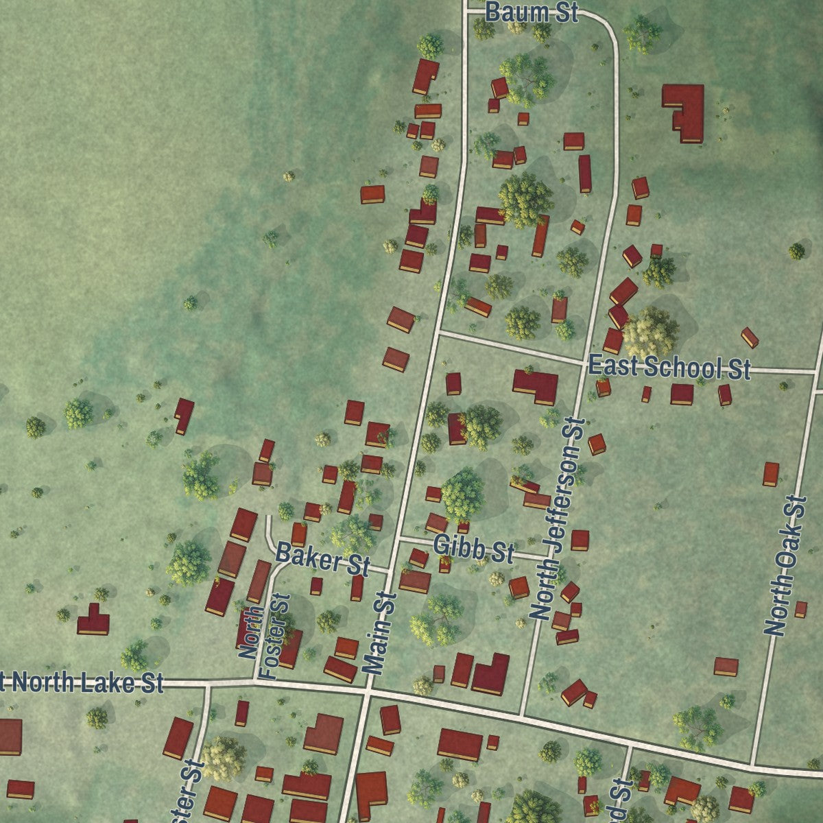 Close-up of the map of Hancock, Wisconsin print showing street and building detail