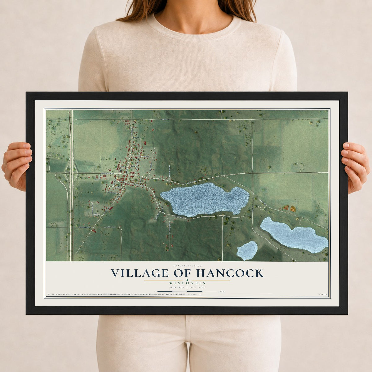 Map of Hancock, Wisconsin, 12 x 18 inch print in a black wood frame