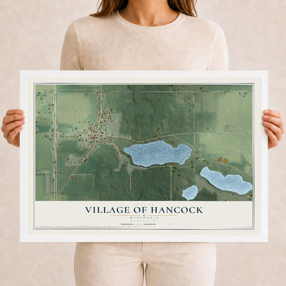 Map of Hancock, Wisconsin, 12 x 18 inch print in a white wood frame