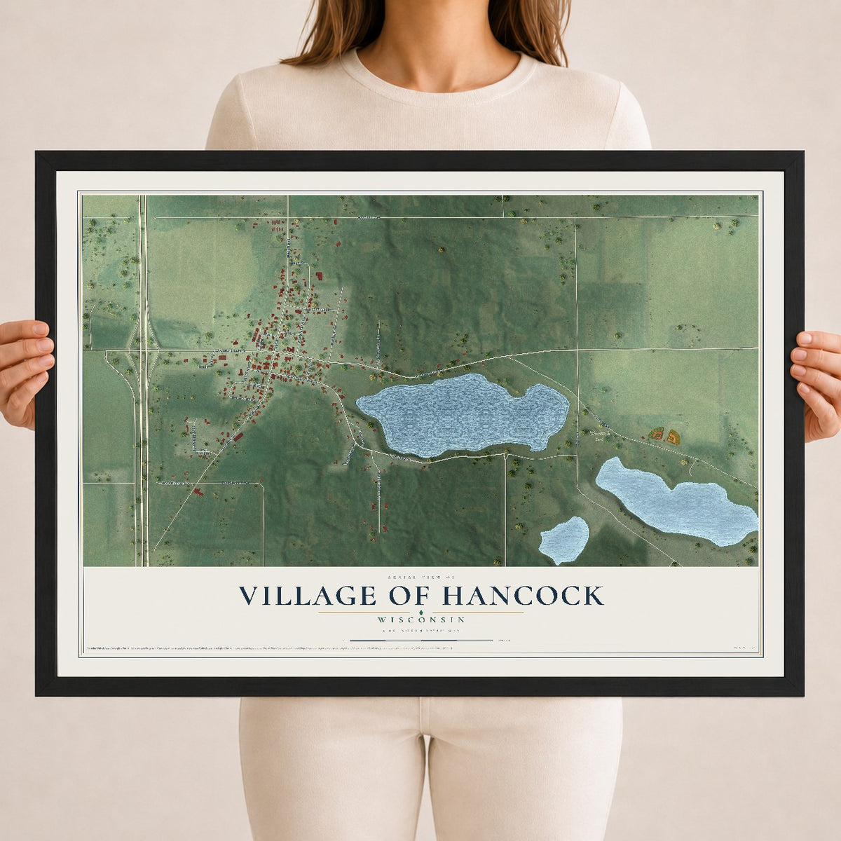 Map of Hancock, Wisconsin, 18 x 24 inch print in a black wood frame