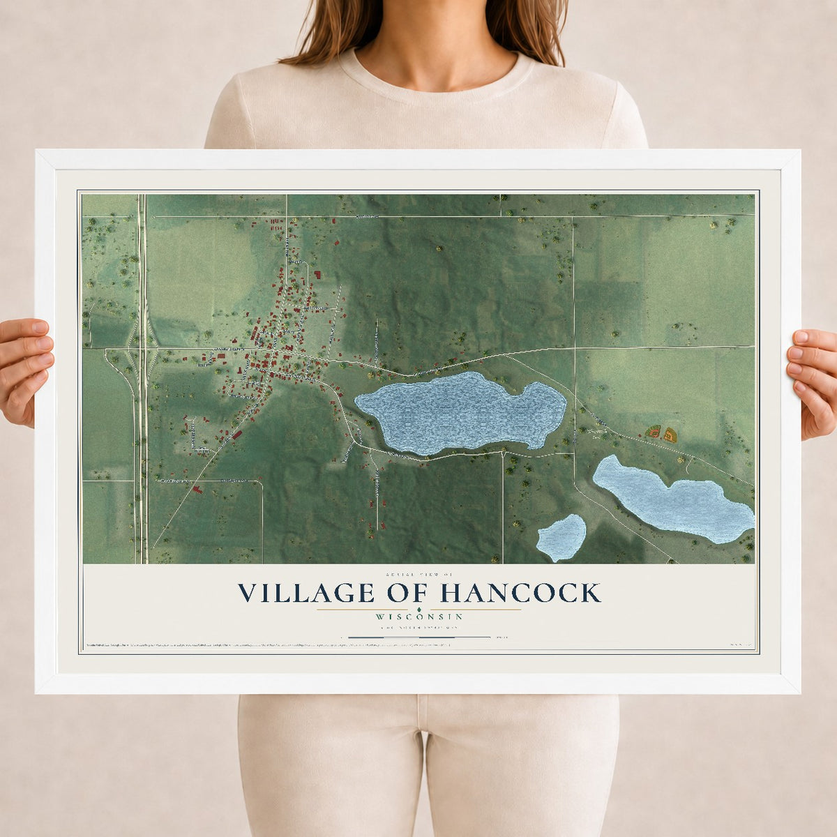 Map of Hancock, Wisconsin, 18 x 24 inch print in a white wood frame