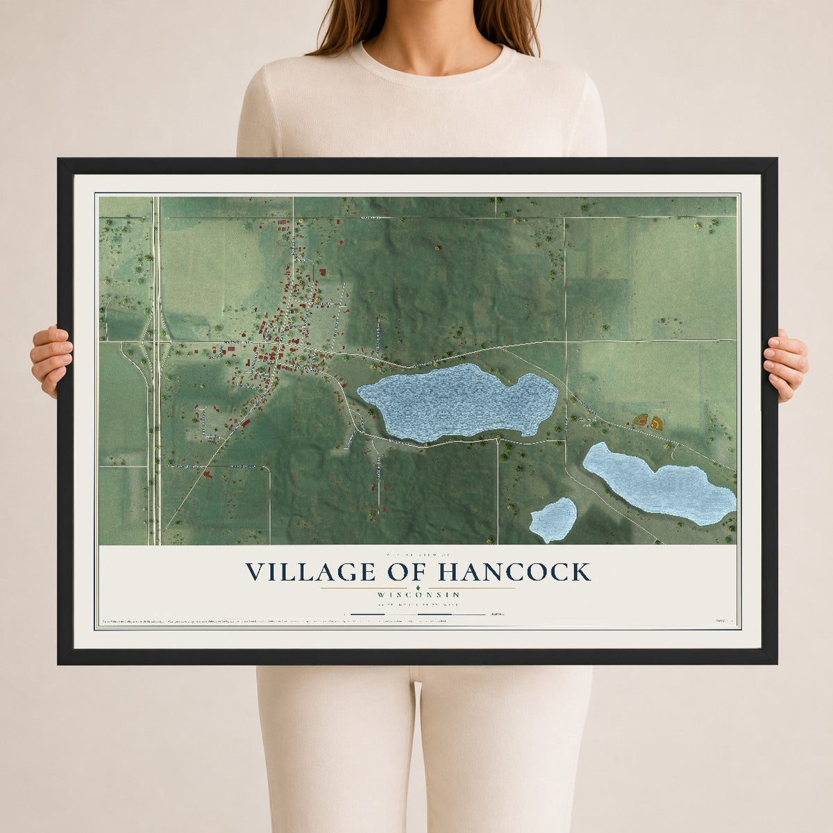 Map of Hancock, Wisconsin, 24 x 36 inch print in a black wood frame