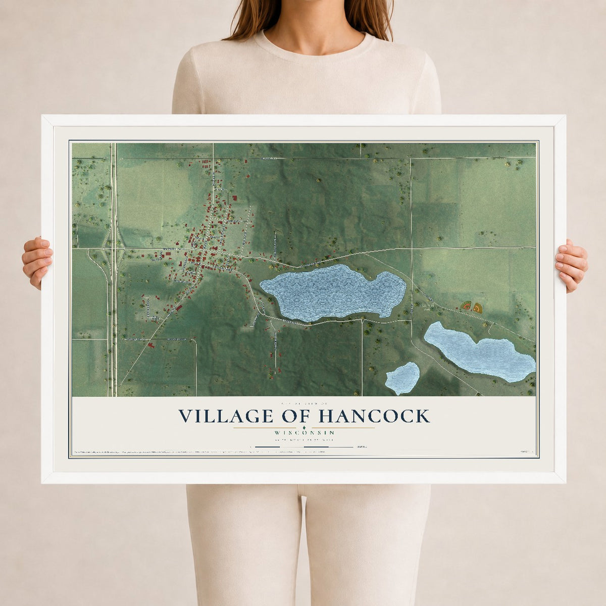 Map of Hancock, Wisconsin, 24 x 36 inch print in a white wood frame
