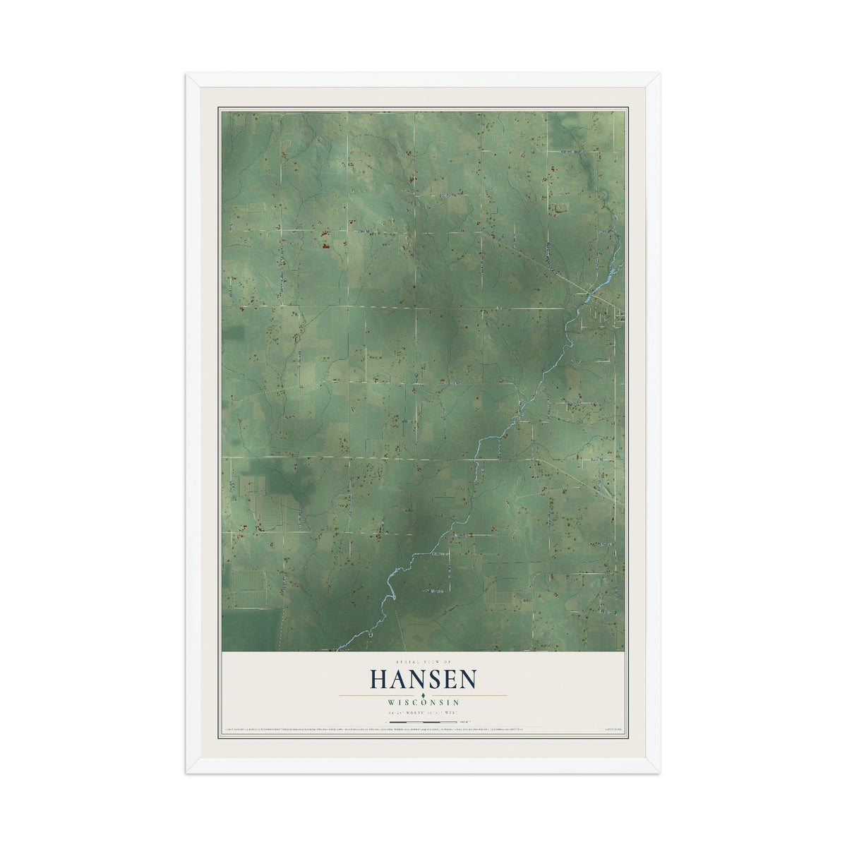 Map of Hansen, Wisconsin, 12 x 18 inch print in a white wood frame