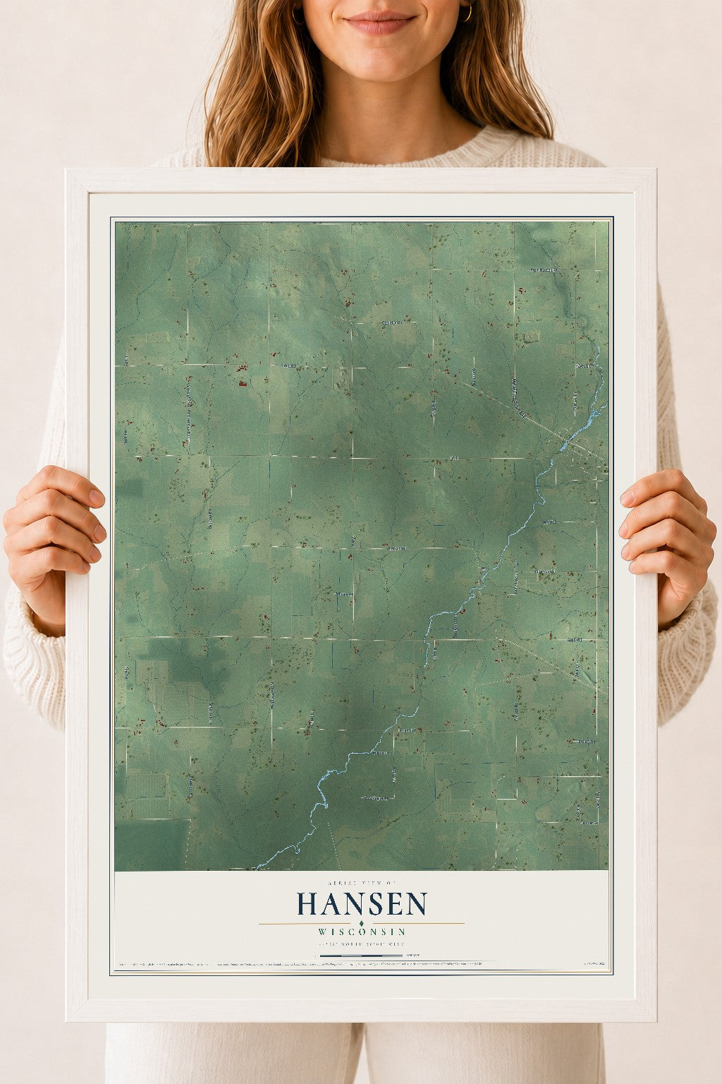 Map of Hansen, Wisconsin, 18 x 24 inch print in a white wood frame
