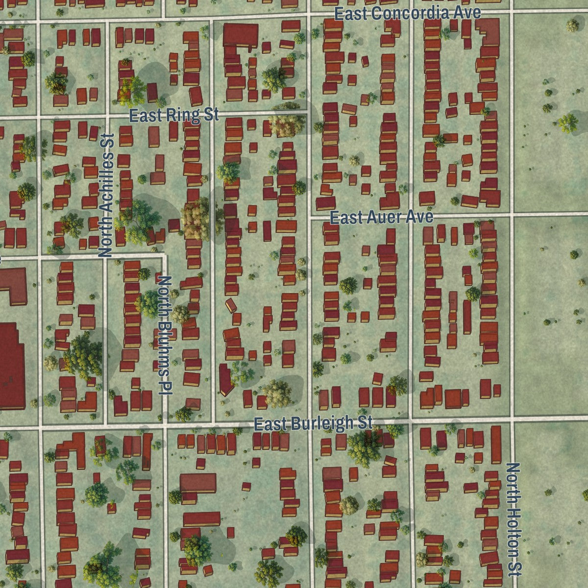 Close-up of the map of Harambee, Wisconsin print showing street and building detail